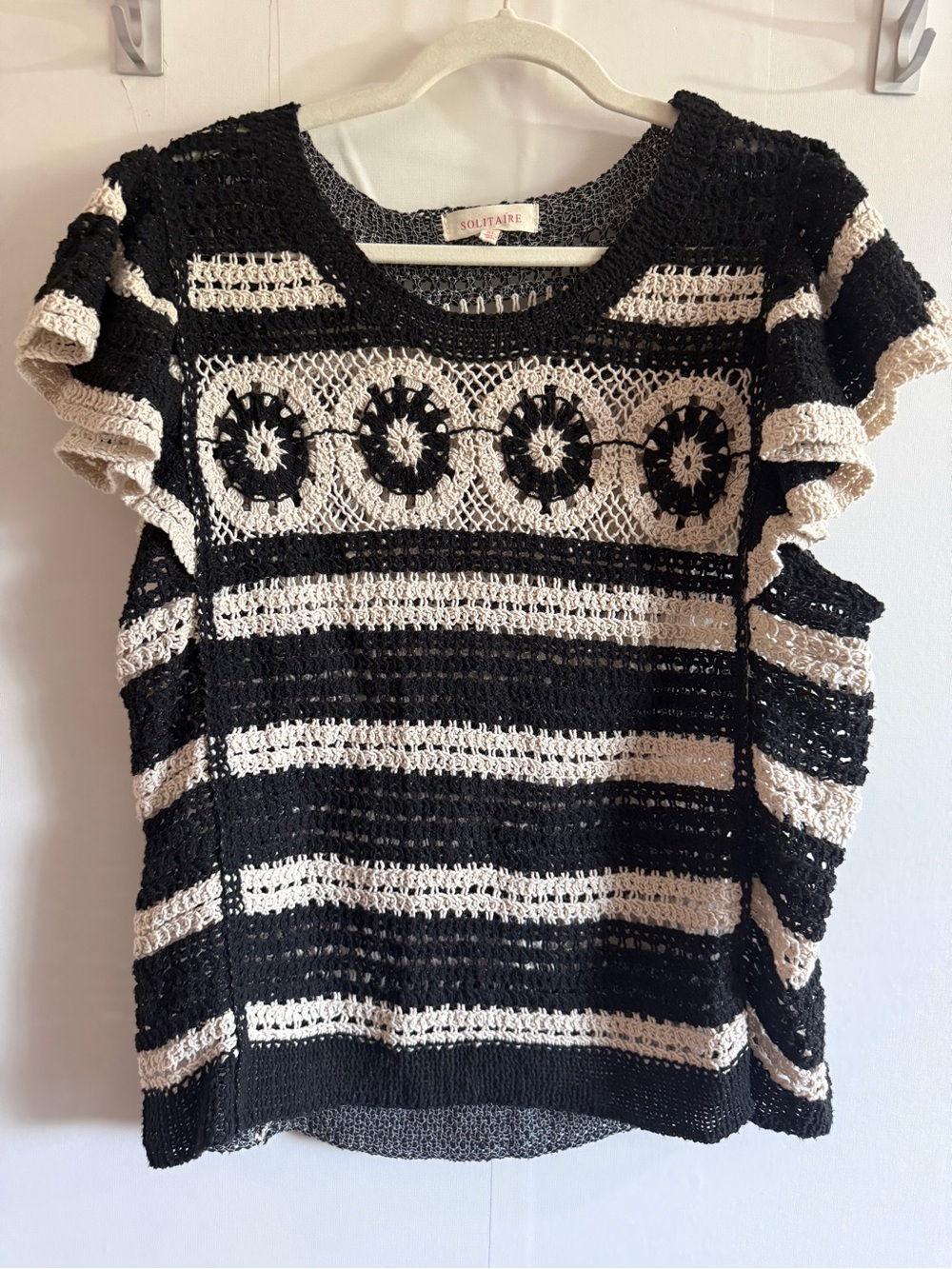 Solitaire Black Cream Crochet Open Knit Boho Top XL Granny Square Festival